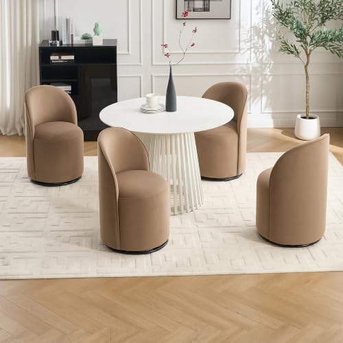 Penau Swivel Dining Chair, Velvet Barrel Seat, Brown | Velvet Upholstery, 360 Degree Swivel, Curved Backrest, Compact Seating For Dining Room And Vanity
