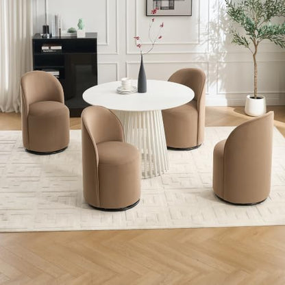 Penau Swivel Dining Chair, Velvet Barrel Seat, Brown | Velvet Upholstery, 360 Degree Swivel, Curved Backrest, Compact Seating For Dining Room And Vanity