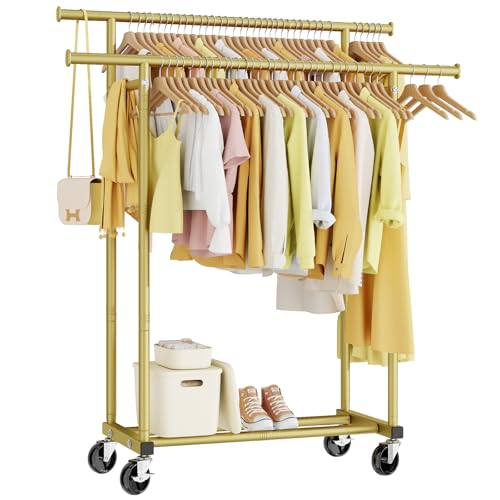 HYSEYY Double Rods Clothes Rack, Sturdy Rolling Clothing Rack, Portable Clothing Racks for Hanging Clothes - Metal Garment Rack Wardrobe Coat Rack for Bedroom Laundry Living Room, Gold - color: Gold