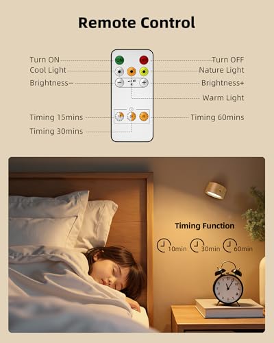 LED Wall Mounted Lights, Rechargeable Wall Sconces, 3 Color Temps, Remote & Touch, 360° Rotating and Dimmable for Bedroom, Bedside & Reading (Wood, 2 Pack) - color: Wood