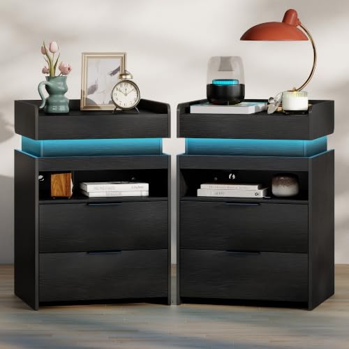 Baoz Modern Nightstand Set of 2 with Charging Station & LED Lights,Black | 18" Wide Night Stand with Sliding Top & Hidden Compartment, 28" Tall Bedside Table with Drawers - color: Black