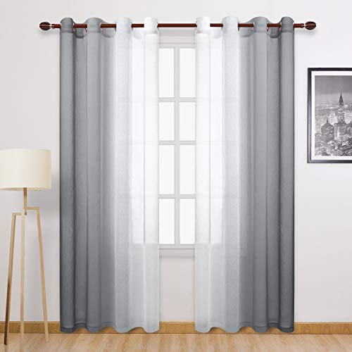DWCN Grey Faux Linen Ombre Sheer Curtains - Semi Voile Gradient Grommet Top Curtains for Bedroom and Living Room, Set of 2 Window Curtain Panels, 52 x 90 Inches Long - color: Grey, size: 52"W x 90"L (Pack of 2)