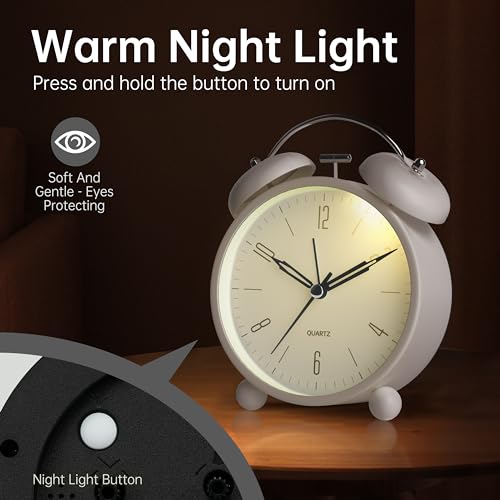 Twin Bell Loud Alarm Analog Alarm Clock, 4 inch Super Silent Non Ticking Small Clock with Night Light, Battery Operated, Simple Design, Old Fashioned, for Heavy Sleeper, Bedroom, Bedside, Desk, White - color: White+twin Bell