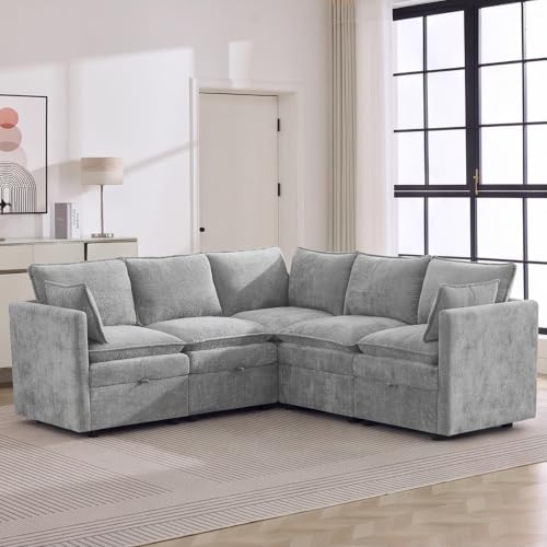 80" Light Grey Modular Storage Sofa, V Shaped Chenille Cloud Couch | Oversized Convertible Sectional Sofa, 5-Seat Sectional Couch With Armrests, Large Cloud Couch For Living Room, Apartment. - color: Light Grey, size: 80"V-Shape Sofa
