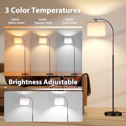 Floor Lamp with Linen Shade, Arc Dimmable Tall Standing Lamp with Remote Control, Modern Floor Reading Light for Living Room Bedroom Office Corner, 9W LED Bulb Included - color: White