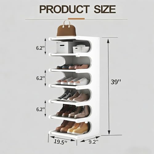 39" Bamboo Shoe Rack - Vertical Shoe Organizer Rack for Small Space, Narrow Shoe Tower for Closet, Entryway, Corner, Tall Shoe Shelf with Removable Shelves, Flexible Storage Shelf for Saving Space - color: White