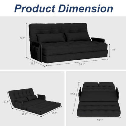 Futon Sofa Bed,Convertible Sofa Bed,Folding Boneless Couches | 3-in-1 Folding Sofa Bed,Boneless Couches for Living Room with Pillow & Side Pocket,High-density Foam,Double Sleeper,Black - color: Balck, size: Full