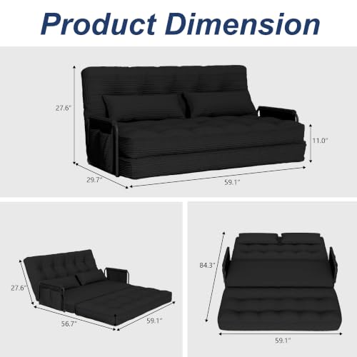 Futon Sofa Bed,Convertible Sofa Bed,Folding Boneless Couches | 3-in-1 Folding Sofa Bed,Boneless Couches for Living Room with Pillow & Side Pocket,High-density Foam,Double Sleeper,Black - color: Balck, size: Full