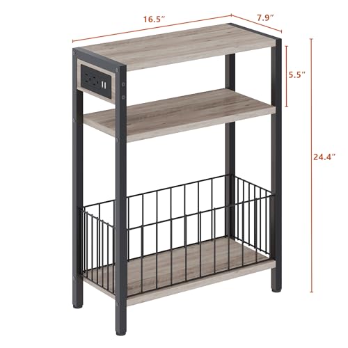 TRIFEBLE Narrow Side Table with Charging Station, Small End Table for Small Spaces, Slim Nightstand with Storage Basket, 3 Tier Skinny Bedside Table for Living Room, Bedroom, Greige - color: Greige