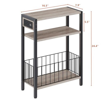 TRIFEBLE Narrow Side Table with Charging Station, Small End Table for Small Spaces, Slim Nightstand with Storage Basket, 3 Tier Skinny Bedside Table for Living Room, Bedroom, Greige - color: Greige