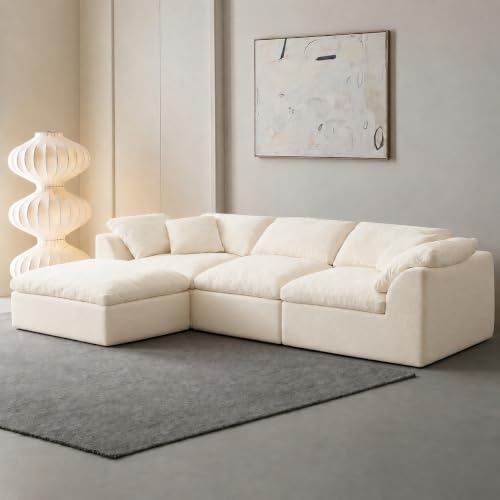Oversized Cloud Couch Sectional Sofa for Living Room, Modular L Shaped Boneless Chenille Sofa with Chaise Lounge, Deep Seat Convertible Couch, Compressed No Assembly Floor Sofa (White)