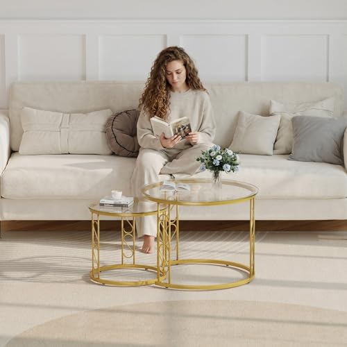 Nesting Coffee Table, 23.6" Round Coffee Table Set of 2, Glass Nesting Table with Metal Frame, Ceter Tables for Living Room Bedroom Balcony, Gold - color: Glass and Gold