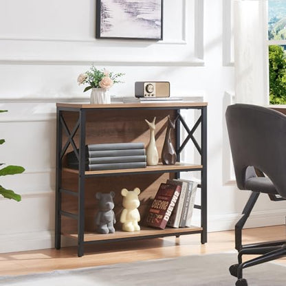 MNEETRUNG Small Bookshelf,3 Tier Industrial Bookcase with Metal Frame and Backboard,Low Rustic Brown Book Shelf,Book case for Small Spaces,Living Room,Bedroom and Home Office - color: Brown, size: 3-Tier (29.5"W x 11.8"D x 29.2"H)