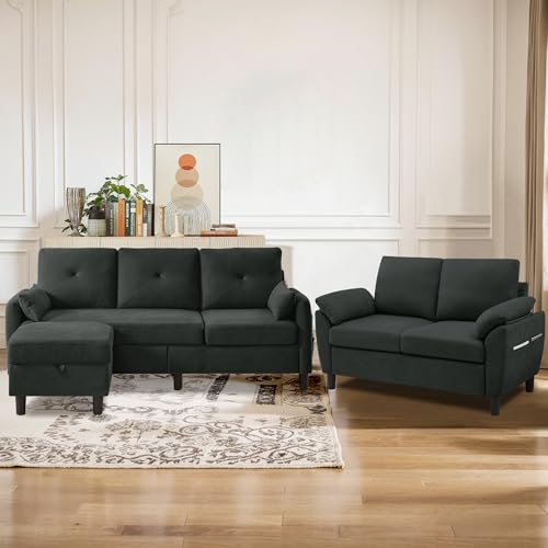 2 PCS Sectional Sofa Set, 3 Seater Convertible Sofa and Loveseat, L Shaped Couch with Storage Ottoman and Side Pockets, Modern Couch for Living Room, Office, Apartment, Black - color: Black, size: sofa+loveseat