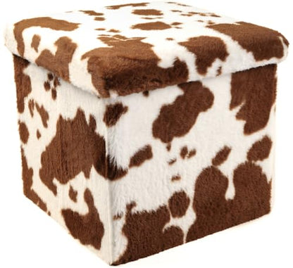 Luxe Faux Fur Storage Ottoman, Cowhide Brown/White, 15 x 15 x 15 in | Engineered Wood, Tool-Free Assembly, Modern Style, Seat And Footrest - color: Cowhide Brown/White, size: 15"D x 15"W x 15"H