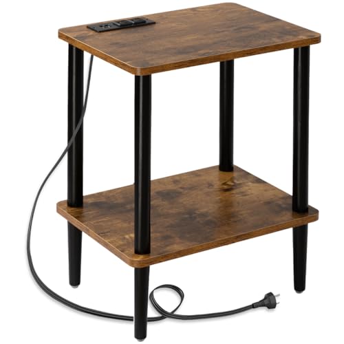 FORAOFUR End Table with Charge Station, Small End Tables Living Room, Nightstand with 2 Tier Storage Shelves for Small Spaces, Living Room, Bedroom, Sofa End Table Rustic Brown - color: Rustic Brown