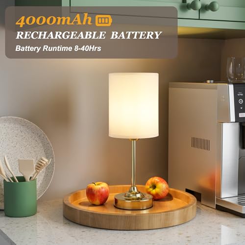 Rechargeable Table Lamp, Battery Operated, Touch Control, Brass, 1 Pack | 4000mAh Battery, USB-C Charging, 3000K Warm Light, Stepless Dimming, Brightness Memory, Up to 40 Hours, Small Table Lamp - color: White - Gold, size: 1 Pack 14.5in - Drum Shade