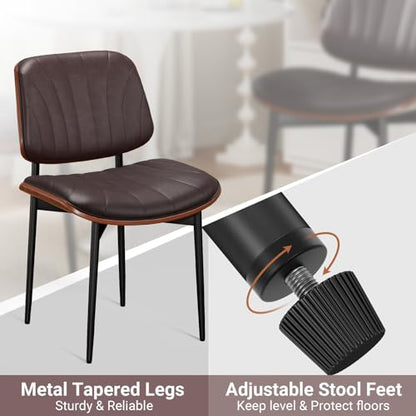 Dining Chairs Set of 2, Mid-Century Modern Upholstered PU Leather Chairs | with Walnut Bentwood Back and Metal Legs Adjustable Feet for Kitchen Dining Room, Dark Brown Shell Strips - color: Dark Brown Shell Strips