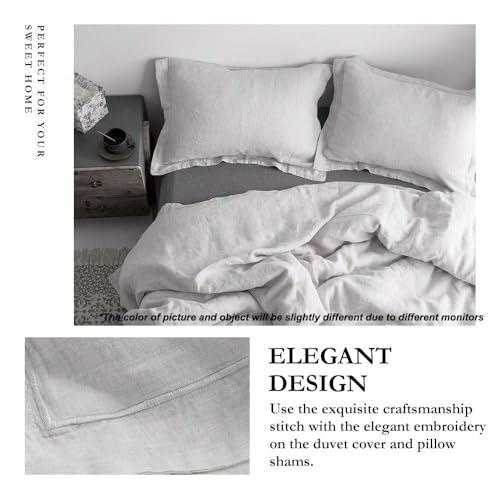 Simple&Opulence 100% Linen Duvet Cover Set with Embroidery Border Washed - 2 Pieces (1 Duvet Cover & 1 Pillow Sham) with Button Closure Soft Breathable Farmhouse - Light Grey, Twin Size - color: Light Grey, size: Twin