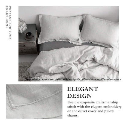 Simple&Opulence 100% Linen Duvet Cover Set with Embroidery Border Washed - 3 Pieces (1 Duvet Cover with 2 Pillow Shams) with Button Closure Soft Breathable Farmhouse - Light Grey, Queen Size - color: Light Grey, size: Queen