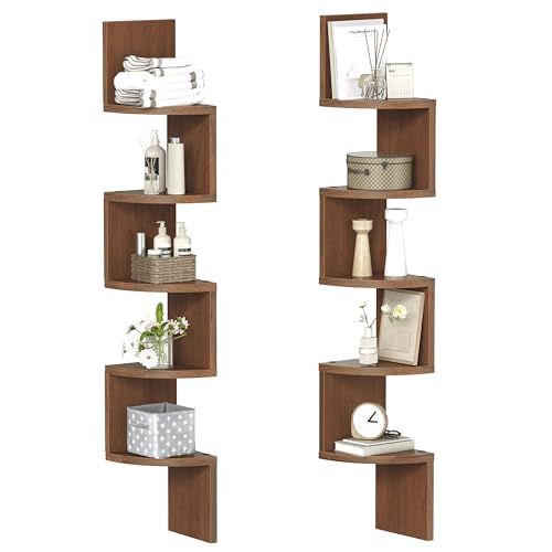 HOOBRO Corner Shelf Wall-Mounted, Set of 2 Floating Corner Shelves for Wall, 5-Tier Corner Bookshelves for Living Room, Bedroom, Bathroom, Home Office, Walnut WL26BJP201 - color: Walnut, size: 49.2 Inches