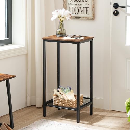 HOOBRO Tall Side Table, Small End Telephone Table, Industrial Nightstand, Small Entryway Table with Adjustable Mesh Shelf, Narrow Bedside Table for Living Room, Bedroom, Hallway, Office, Rustic Brown - color: Rustic Brown + Black