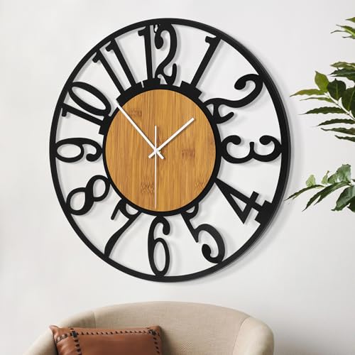 LEIKE Large Wall Clocks,Silent,Non Ticking,Battery Operated Rustic Round Modern Big Wood Wall Clock for Living Room, Bedroom,Kitchen,Farmhouse,Office,Home Decor - color: A-wood-arabic Number, size: 24 IN
