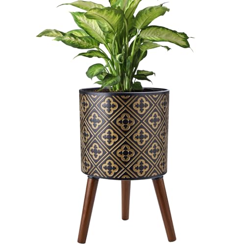 nacltlo12 Inch Plant with Stand Planter for Indoor Plants Large Modern Mid-Century Plant Pots Indoor Outdoor with Drainage for Home Garden Patio,Black and Gold - color: M Black and Gold, size: 12 Inch