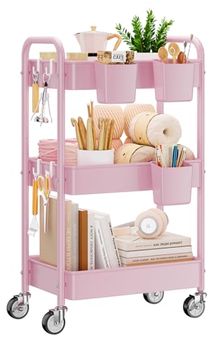 3 Tier Rolling Cart, Heavy Duty Metal Utility Cart with Wheel Pink | Sturdy Rolling Storage Cart With Hooks & Hanging Cups, Great For Craft, Art Workspace, Kitchen ,Snack And Office Storage - color: Pink