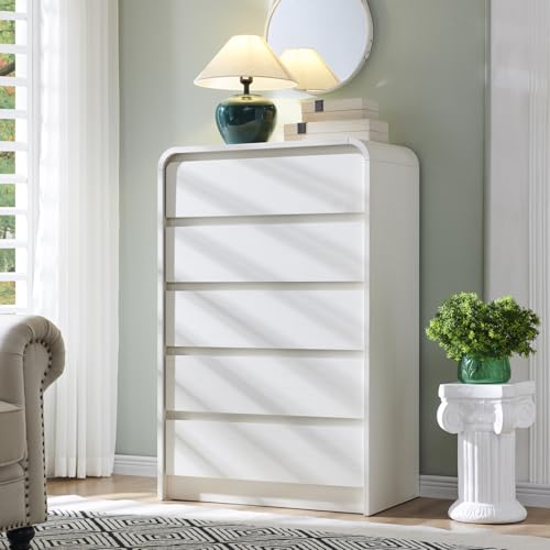 Aitjunz Modern 5 Drawers Dresser for Bedroom, 45" Tall Dressers & Chests of Drawers w/Curved Profile Design, Wood Mid Century Vertical Dresser w/Natural Texture for Bedroom, Living Room, Antique White - color: White, size: 15.5"D x 29.5"W x 45.3"H (5 Draw