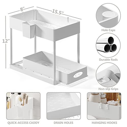 2-Pack White Under Sink Organizers with Hanging Hooks, Quick-Access Caddy, 2-Tier, Non-Slip Rubber Grips, Drain Holes - color: White, size: Pull-Out - 2 Pack