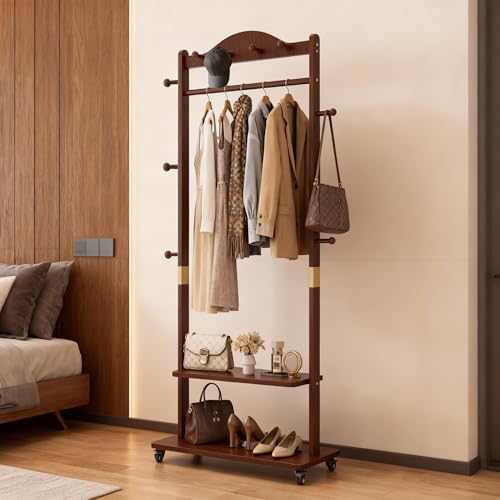 Walnut Brown Solid Wood Coat Rack Freestanding with Wheels - Heavy Duty Clothes Rack with 2 Storage Shelves & 9 Hooks, Wooden Coat Rack Stand Hat Hanger Rack for Bedroom Entryway Living Room Hotel - color: Walnut 2