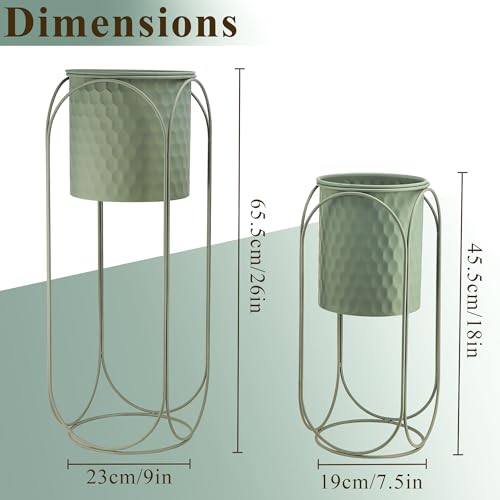 TRIROCKS Set of 2 Planters with Stand Metal Planter for Indoor Plants 26 &18" H Large Plant Pots for Living Room Corner Kitchen Office Garden Balcony Patio Decor(Green) - color: Green