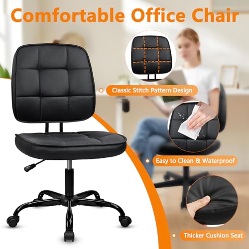 CLATINA Armless Home Office Chair with Lumbar Support and Wheels, Small PU Leather Ergonomic Low Back Desk Chairs No Arms, Adjustable Height 360° Swivel Rolling Computer Task Chair, Black, 4 Pack - color: Black-heibao, size: 4 Pack