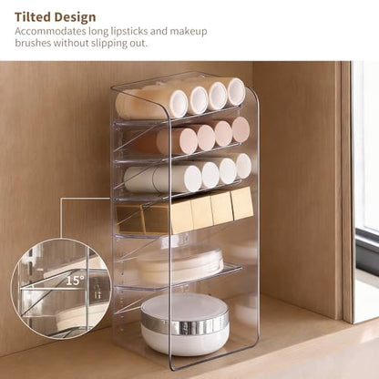 PAVSTINE Medicine Cabinet Organizer with Adjustable Dividers, Clear Vertical Layered Backward Slanting Shelves for Pressed Powder/Lip Gloss/Mascara Storage (5-Tier Gentle Slant) - size: 5-Tier Gentle Slant