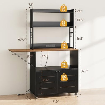 Bakers Rack with Power Outlet and Storage, 5-Tier Microwave Stand | Farmhouse Kitchen Hutch with Cabinet and Wheels, Coffee Bar with Foldable Side Table, Storage Shelves, 6 Hooks, Black - color: Black