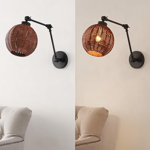 JONATHAN Y Lyla 8.38" 1-Light Swing Arm Sconce Rattan, Black/Dark Brown | Mid-Century Vintage Bohemian Globe Shade, Reading Light, Metal Construction, Hardwired, LED Bulb Included