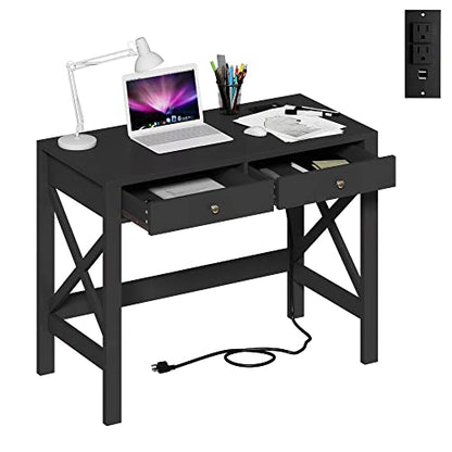 ChooChoo 40 Inches Farmhouse Computer Desk with 2 Drawers & Power Outlets | Wooden Writing Desk, Study Desk for Home Office, Makeup Vanity, Black - color: Black, size: 40inch with Power Outlet