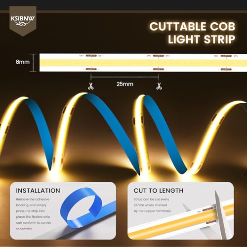 COB LED Strip Lights 16.4ft/5m, 12V LED Light Strip, Daylight White 6000K Under Cabinet Lighting, Super Bright Flexible Tape Lights for Bedroom,Mirror,Kitchen,Living Room(Power Supply Not Included) - color: Daylight White, size: 12V-16.4ft/5M