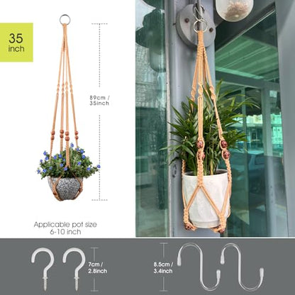Macrame Plant Hanger for 5 to 10 Inch Plant Pots, Set of 2 Indoor Handmade 35 Inch Woven Rope Hanger Kits with Hooks and Wood Beads, Hanging Planter Basket Holder for Boho Home Decor (Brown, 2 Pack) | 35 Inch Hanging Planter with Hooks, Fits 5-10" Pots, S