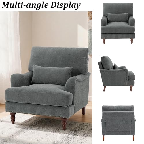 Mid-Century Modern Accent Chair with Lumbar Pillow, Grey, 1 Pack | Upholstered Chenille Armchair, Solid Wood Frame & Legs, Comfy Reading Lounge Sofa for Living Room Bedroom, & Small Spaces - color: Chenille Grey, size: 1 Seat