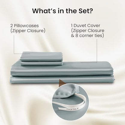 THXSILK Luxury Queen Silk Duvet Cover Set 3 Pieces, Extra Soft, Breathable & Cooling Bedding Set, Machine Washable & Durable, 1 Duvet Cover & 2 Pillowcases with Zipper Closure(Stone Blue) - color: Stone Blue, size: Queen (3 pcs)