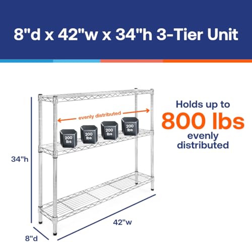 Shelving Inc. 8" d x 42" w Chrome Wire Shelving with 3 Tier Shelves | Weight Capacity 800lbs Per Shelf, Durable Kitchen and Garage Storage Shelves, Adjustable Shelf Organizer Storage Rack - size: 8" d x 42" w x 34" h