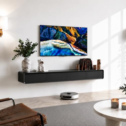 Floating TV Stand, Modern Wall-Mounted Entertainment Center with 2 Flip-Down Cabinet Doors 2 Drawers, Solid Wood Media Console (Black, 94.5") - color: Black, size: 94.5"