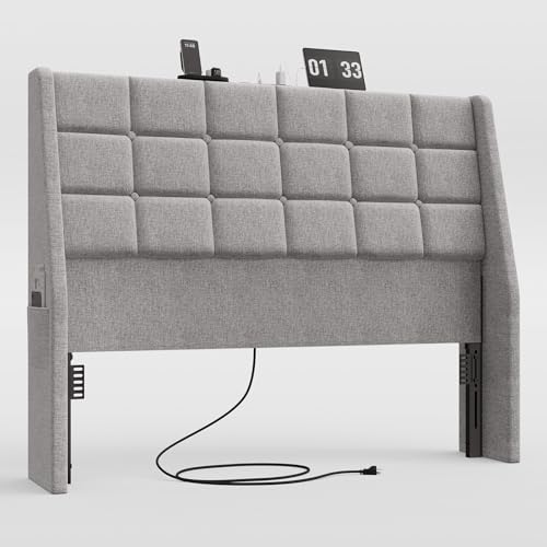 Ergonomic Upholstered Full Size Headboard w/Charging Station, Linen Wingback Headboards w/Storage Pocket, Full Headboard Only, Bed Frame Adapters, Sturdy Solid Wood Bed Head Board, Light Grey - color: Gray, size: Full