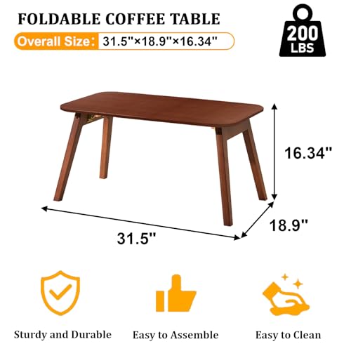 Baveke Folding Coffee Table- Foldable Floor Tables, Mid Century Coffee Table for Living Room, Small Coffee Tables Solid Wood Japanese Low Table for Sitting on Floor, No Assembly, 31.5''-Brown