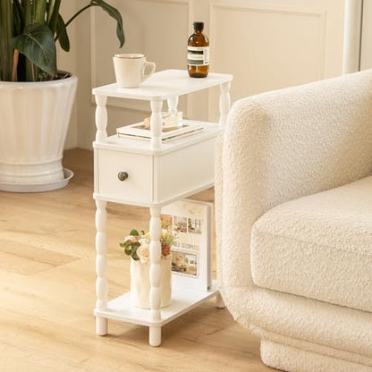 MaxSmeo White Narrow End Table, Small Side Table Living Room, Skinny Bedside Table Nightstand with Drawer for Small Spaces, Bedroom (White) - color: White