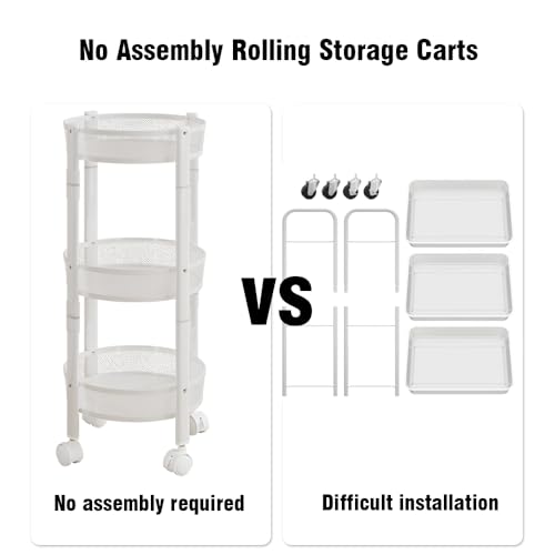 No Assemble 3 Tier Rolling Storage cart, Folding Utility cart with 2 Lockable Wheels, Multifunction Storage Organizer, Perfect for Bathroom, Kitchen, Snack, Craft (White)