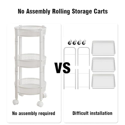 No Assemble 3 Tier Rolling Storage cart, Folding Utility cart with 2 Lockable Wheels, Multifunction Storage Organizer, Perfect for Bathroom, Kitchen, Snack, Craft (White)