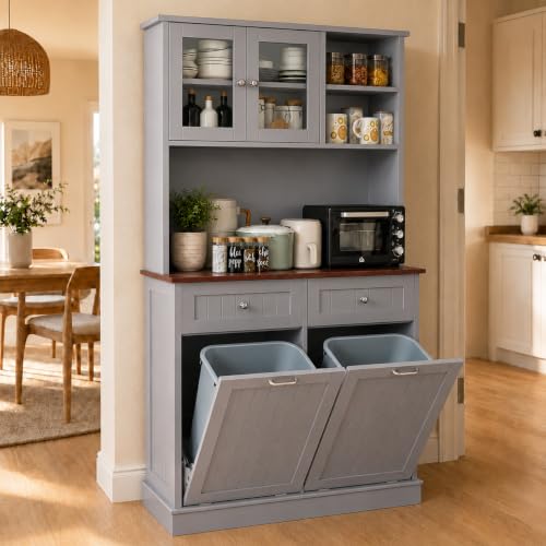 68.4" Kitchen Pantry Storage Cabinet, Freestanding Cupboard with Shelf, 2 Drawers and 2 Tilt Out Trash Cabinet, Tall Cabinets for Kitchen, Dinning Room, Living Room (Elegant Grey, Double Tilt) - color: Elegant Grey